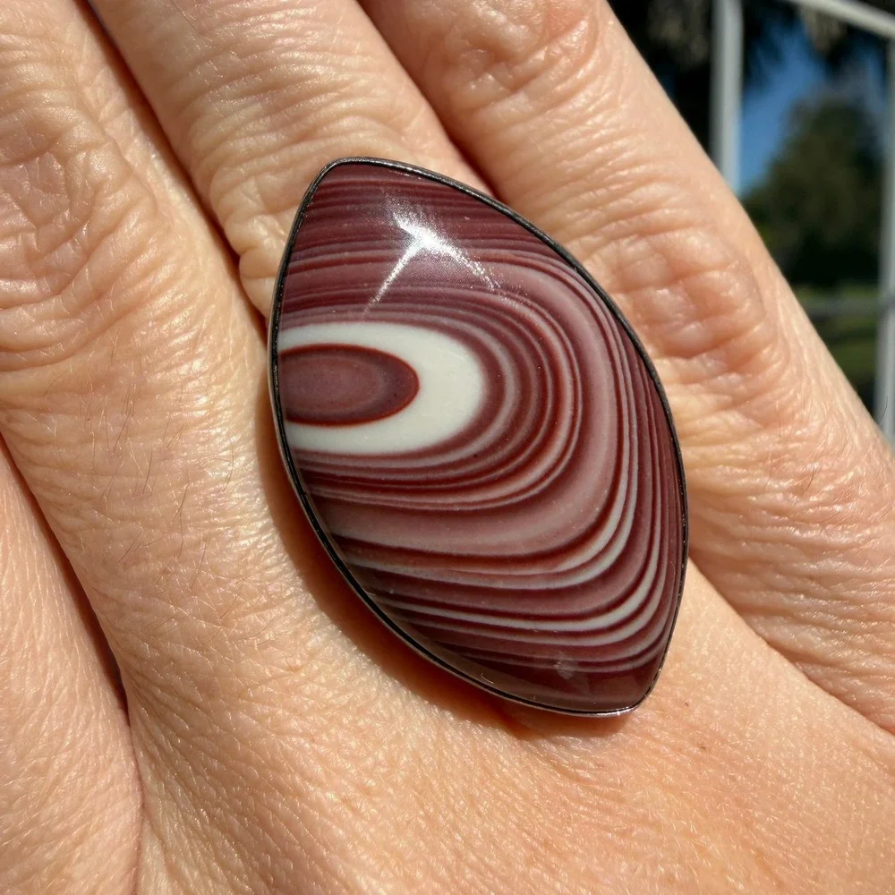 DRT Sterling Silver 925 Banded‎ Agate Marquise Statement Ring Size 6.25 Burgundy